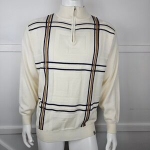 Stacy Adams Vintage Cream Plaid Quarter Zip Pullover Sweater Size L